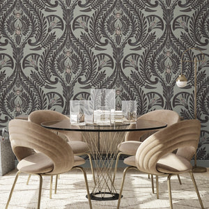 The Great Damask wallpaper by Brand McKenzie in brown, a large-scale damask behind a dining table