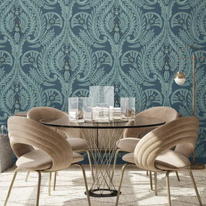 The Great Damask wallpaper by Brand McKenzie in teal, a large-scale damask in a dining area
