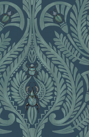 The Great Damask wallpaper by Brand McKenzie in teal, pattern detail of a large-scale damask
