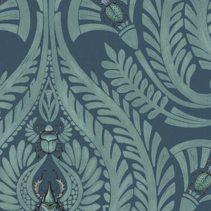 The Great Damask wallpaper by Brand McKenzie in teal, close view of a large-scale damask