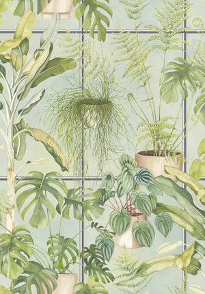 The Green House wallpaper by Brand McKenzie in green, close view of glasshouse plants
