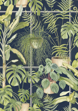 The Green House wallpaper by Brand McKenzie in navy, close-up of glasshouse plants