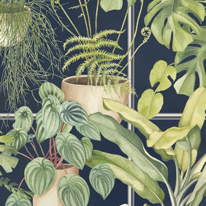 The Green House wallpaper by Brand McKenzie in navy, pattern detail of glasshouse plants
