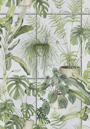 The Green House wallpaper by Brand McKenzie in green and white, detail of glasshouse plants