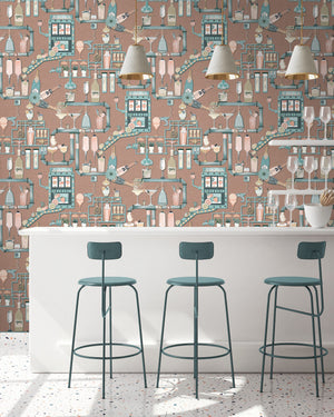 Liquid Lab wallpaper by Brand McKenzie in dusky pink, pattern detail of bottles and laboratory glassware