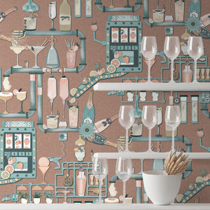 Liquid Lab wallpaper by Brand McKenzie in brown, bottles and laboratory glassware above kitchen cabinets