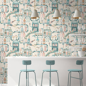 Liquid Lab wallpaper by Brand McKenzie in cream, bottles and laboratory glassware behind bar stools