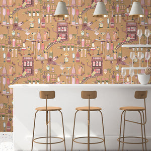 Liquid Lab wallpaper by Brand McKenzie in peach, bottles and laboratory glassware in a kitchen