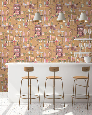 Liquid Lab wallpaper by Brand McKenzie in peach, bottles and laboratory glassware in a kitchen