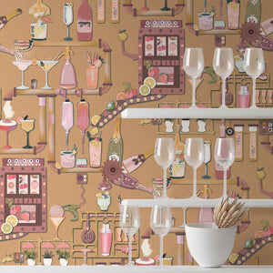 Liquid Lab wallpaper by Brand McKenzie in orange, close-up of bottles and laboratory glassware