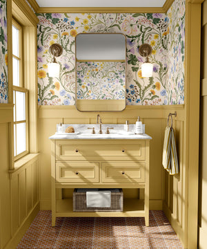 The Lost Garden Cottage wallpaper by Studio Le Cocq in cream, a dense garden of flowers in a bathroom
