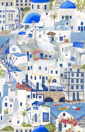 The Mediterranean wallpaper by Brand McKenzie in blue and white, close-up of a whitewashed hillside village