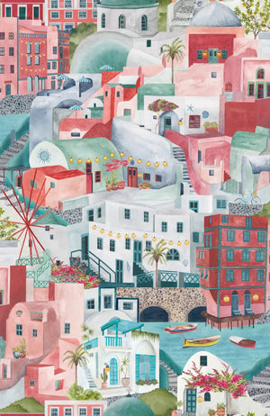 The Mediterranean wallpaper by Brand McKenzie in pink and aqua, detail of a whitewashed hillside village