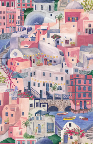 The Mediterranean wallpaper by Brand McKenzie in lilac and pink, pattern detail of a whitewashed hillside village