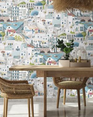 The Mediterranean wallpaper by Brand McKenzie in white and grey, a whitewashed hillside village in a dining area