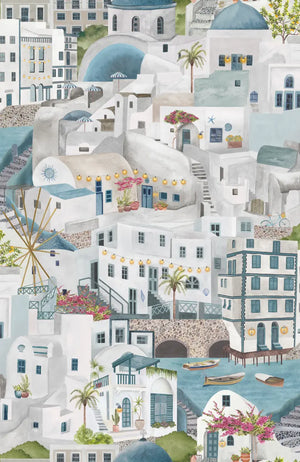 The Mediterranean wallpaper by Brand McKenzie in white and grey, close-up of a whitewashed hillside village