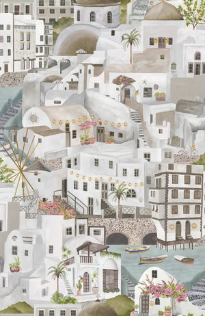 The Mediterranean wallpaper by Brand McKenzie in white, detail of a whitewashed hillside village