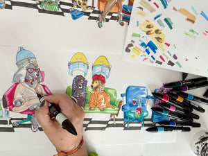 The Parlour wallpaper by Brand McKenzie, the artist's artwork in progress showing ladies under salon hair dryers