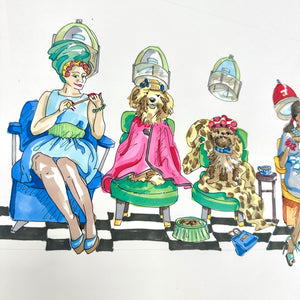 The Parlour wallpaper by Brand McKenzie, the artist working on the design showing ladies under salon hair dryers
