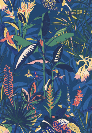 The Tropics wallpaper by Brand McKenzie in blue, detail of tropical leaves and birds