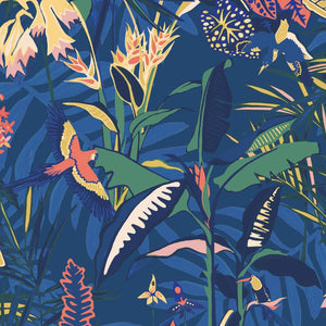 The Tropics wallpaper by Brand McKenzie in blue, close-up of tropical leaves and birds
