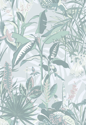 The Tropics wallpaper by Brand McKenzie in mint green, pattern detail of tropical leaves and birds
