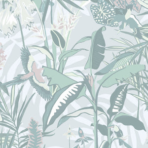 The Tropics wallpaper by Brand McKenzie in mint green, close view of tropical leaves and birds
