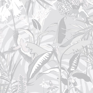 The Tropics wallpaper by Brand McKenzie in grey, close-up of tropical leaves and birds