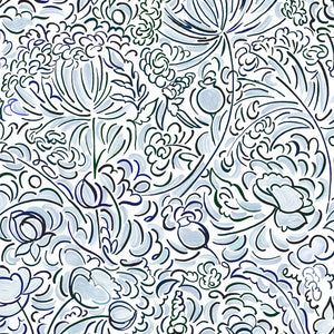 The Wild Field linen by Claire de Quénetain in blue, flat sample of a hand-painted floral design