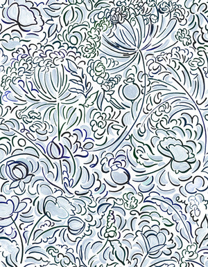The Wild Field linen by Claire de Quénetain in blue, flat sample of a hand-painted floral design