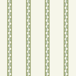 The Circus Big Top wallpaper by Annika Reed in green and cream, pattern sample of big top stripes