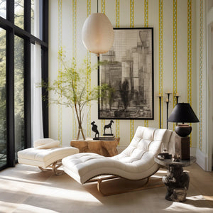 The Circus Big Top wallpaper by Annika Reed in green, big top stripes in a living room