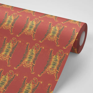 Tibetan Tiger wallpaper by Annika Reed in red and orange, roll showing Tibetan tigers