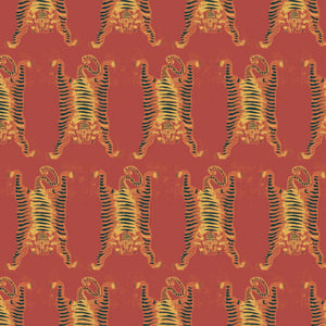 Tibetan Tiger wallpaper by Annika Reed in red and orange, full repeat of Tibetan tigers