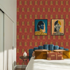 Tibetan Tiger wallpaper by Annika Reed in red and orange, Tibetan tigers in a bedroom