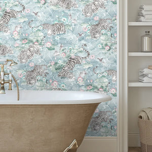 Tiger Lily wallpaper by Brand McKenzie in blue and pink, tigers among lilies in a bathroom