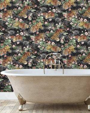 Tiger Lily wallpaper by Brand McKenzie in charcoal and gold, tigers among lilies on a bathroom wall