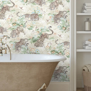 Tiger Lily wallpaper by Brand McKenzie in cream and green, tigers among lilies in a bathroom setting