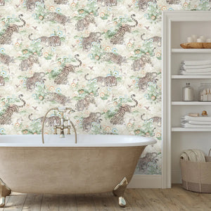 Tiger Lily wallpaper by Brand McKenzie in cream and green, tigers among lilies in a bathroom