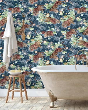 Tiger Lily wallpaper by Brand McKenzie in navy, tigers among lilies in a bathroom setting