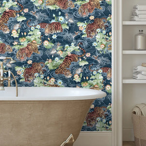 Tiger Lily wallpaper by Brand McKenzie in navy, tigers among lilies on a bathroom wall