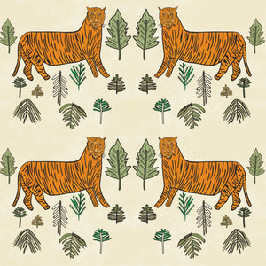 Tiger Tiger linen by Annika Reed in cream and orange, full repeat of tigers and trees