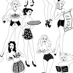 Time for Tea wallpaper by Dupenny in black and white, full repeat of vintage tea party figures