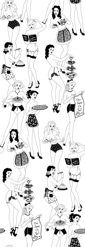 Time for Tea wallpaper by Dupenny in black and white, full repeat of vintage tea party figures