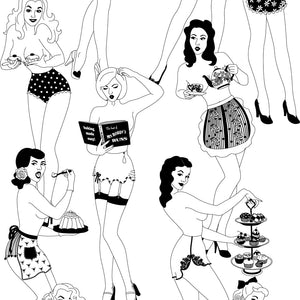 Time for Tea wallpaper by Dupenny in black and white, flat sample of vintage tea party figures