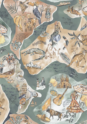 Travel Map wallpaper by Brand McKenzie in teal and beige, detail of an illustrated travel map