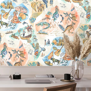 Travel Map wallpaper by Brand McKenzie in brown, an illustrated travel map in a home office
