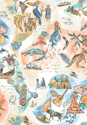 Travel Map wallpaper by Brand McKenzie in peach, close view of an illustrated travel map
