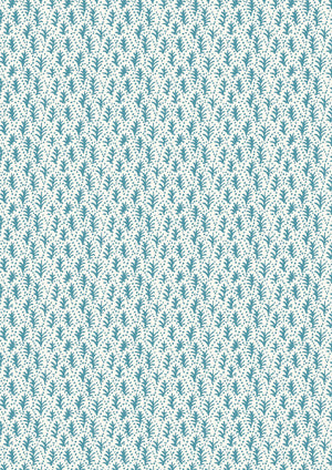 Trees wallpaper by Parker and Jules in white and teal, pattern sample of tiny stylised trees