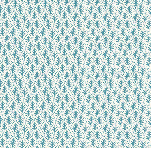 Trees wallpaper by Parker and Jules in white and teal, flat sample of tiny stylised trees